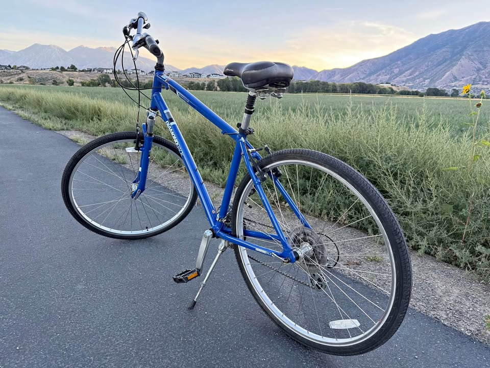 Blue Diamondback Edgewood LX hybrid beside a paved trail with mountains behind it