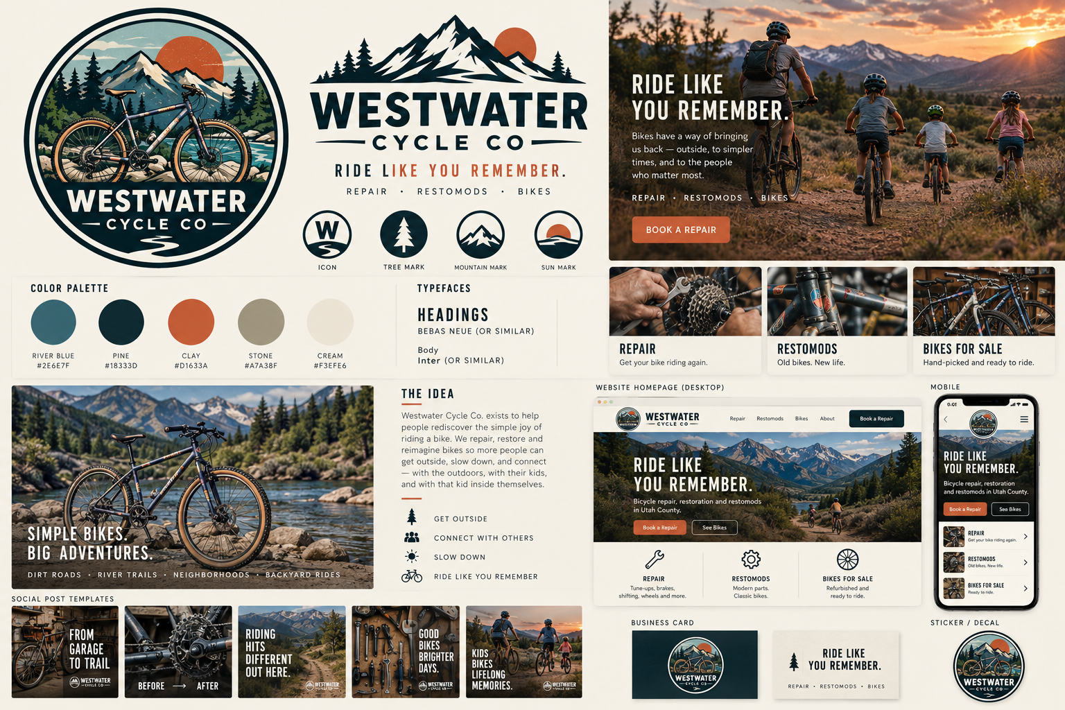 Family riding bikes together along a dirt path at sunset, from the Westwater brand artwork